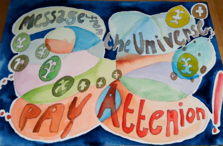 Watercolour painting with a New Age theme, featuring text and pure colour values.