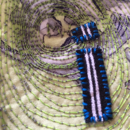 Hand and machine stitched intuitive art textile made by maggie Winnall at Sewin Studio